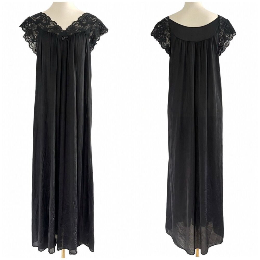 Vintage Shadowline Black Lacey Whimsygoth Babydoll Long Nightgown Womens sz M